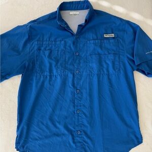 Mens Columbia PFG Omni-Shade Button Front Short Sleeve Vented Shirt Blue Med E43
